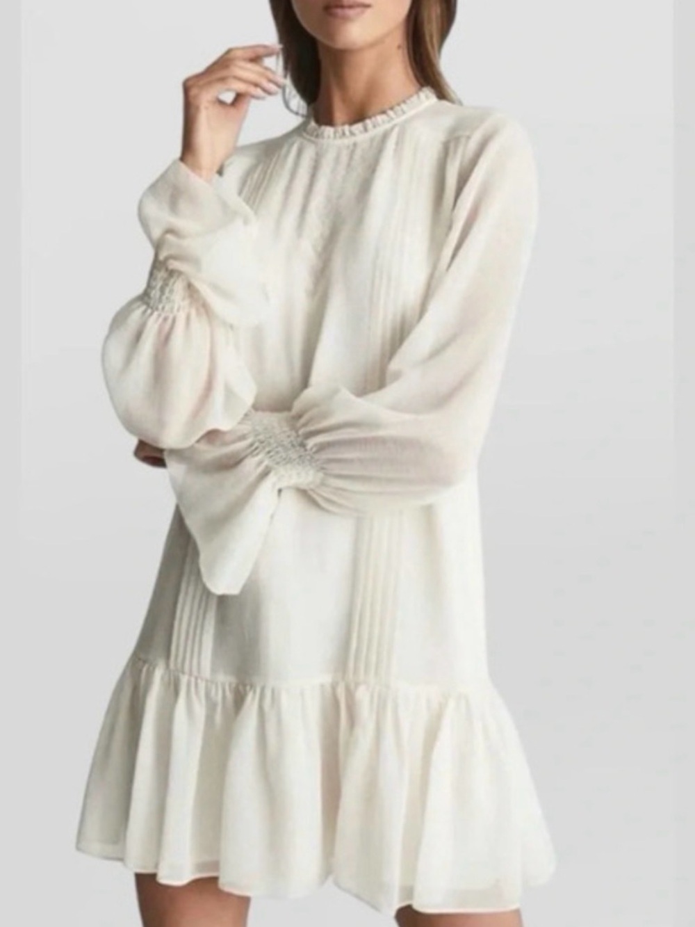 Reiss Esme Shift Mini Dress cream pleats lace Victorian cottagecore bridal